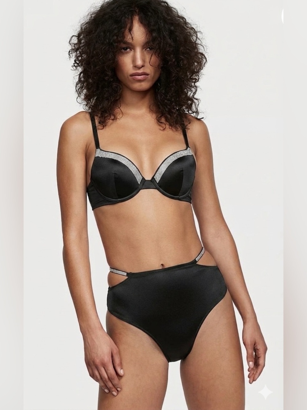 Victoria's Secret Black Satin Bra o& High-Waist Brief Set with Silver Trim